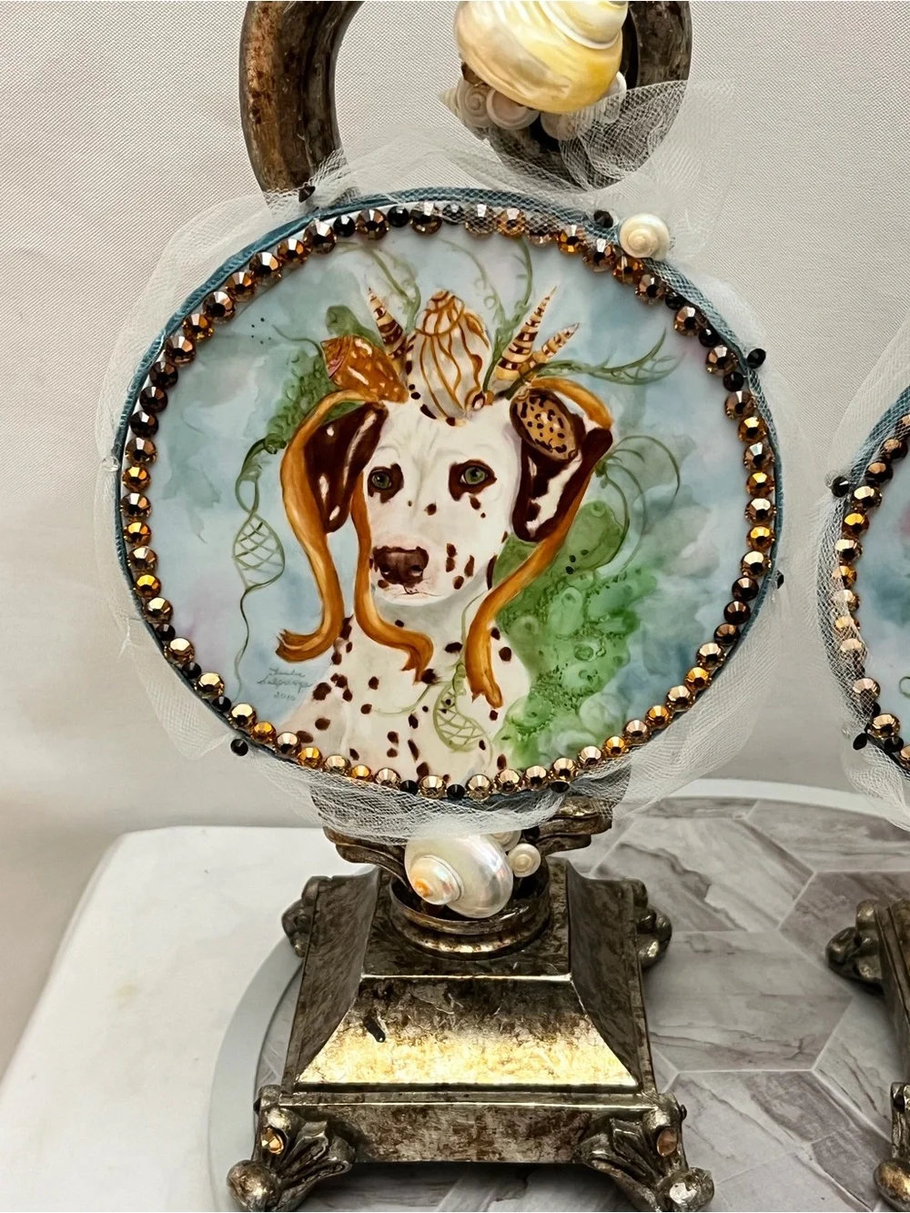 Set of 2 Coastal Dalmatian Dog Seashell Jeweled Candle Holders Sculptures